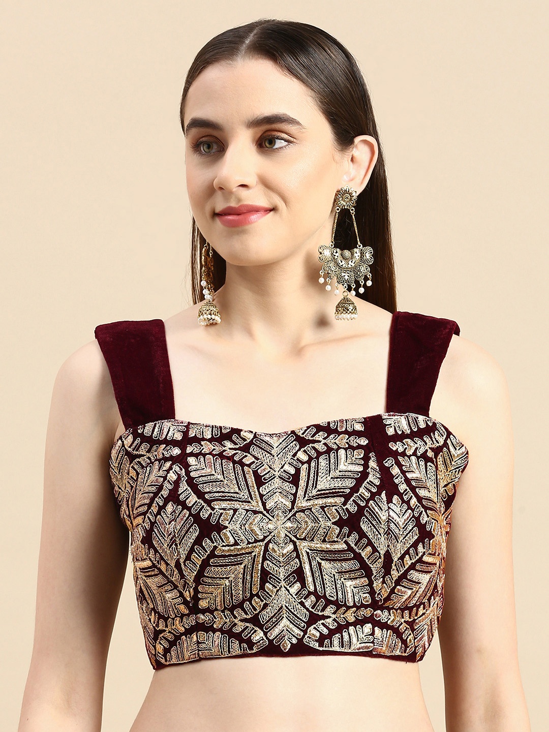 

flaher Women Burgundy & Gold-Toned Embroidered Velvet Saree Blouse