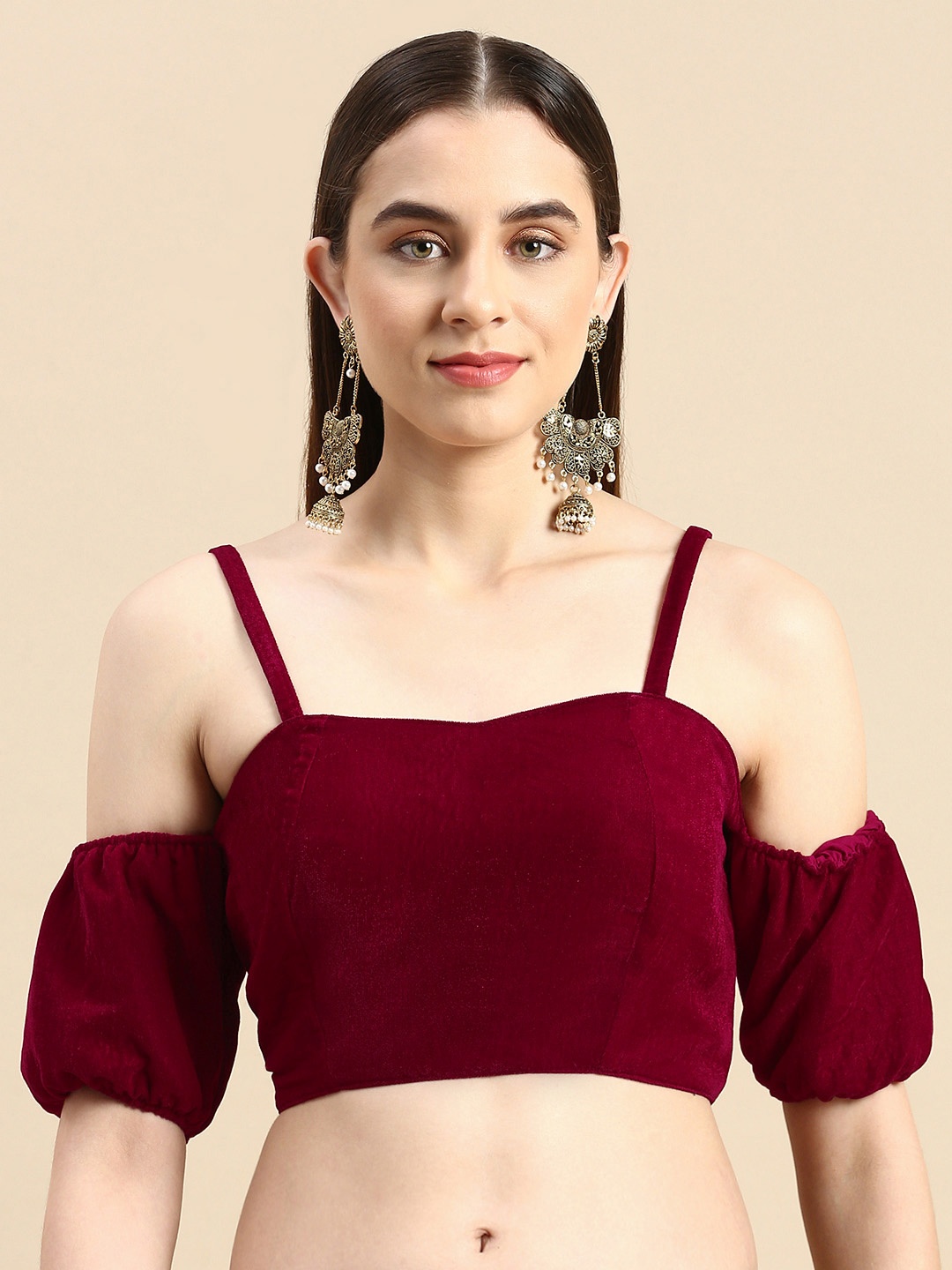 

flaher Women Maroon Solid Velvet Readymade Padded Blouse