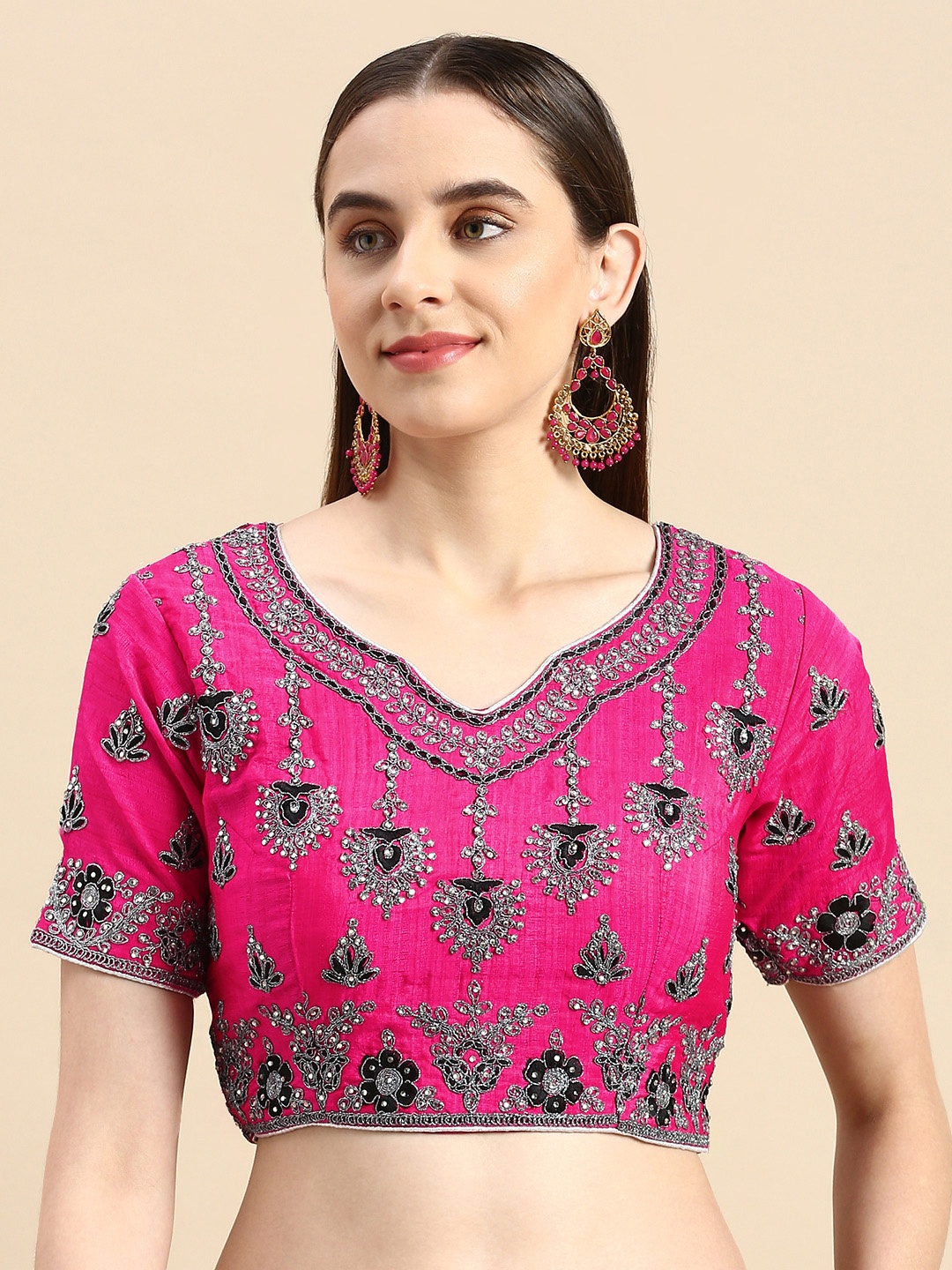 

flaher Women Embroidered Art Silk Saree Blouse, Pink