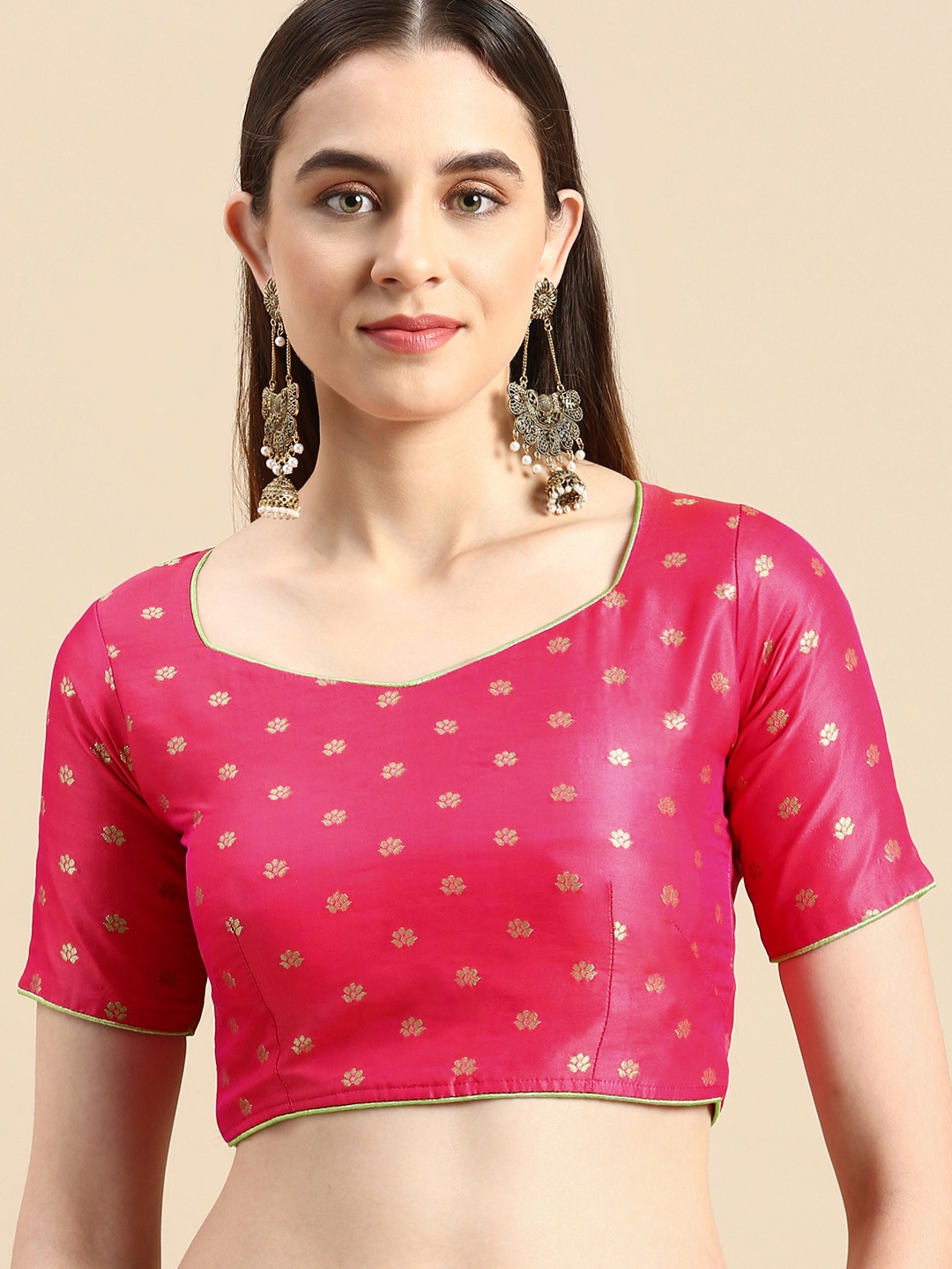 

flaher Women Ethnic Motifs Woven Design Art Silk Padded Blouse, Pink