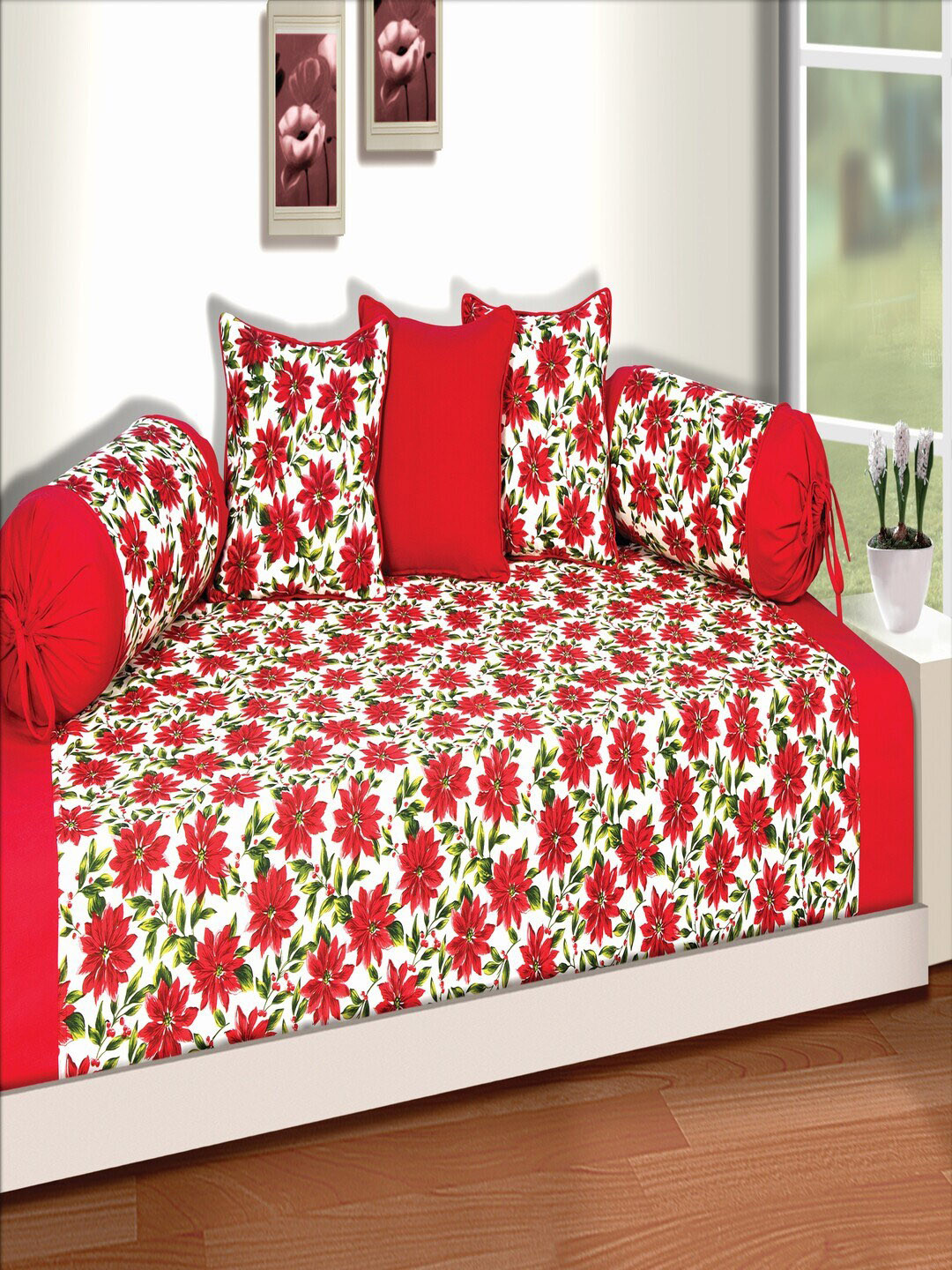 

SHADES of LIFE Set Of 8 Floral Printed Cotton Diwan Set, Red