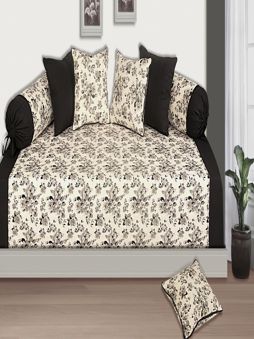 

SHADES of LIFE Black & Cream 8 Pcs Floral Printed Cotton Diwan Set