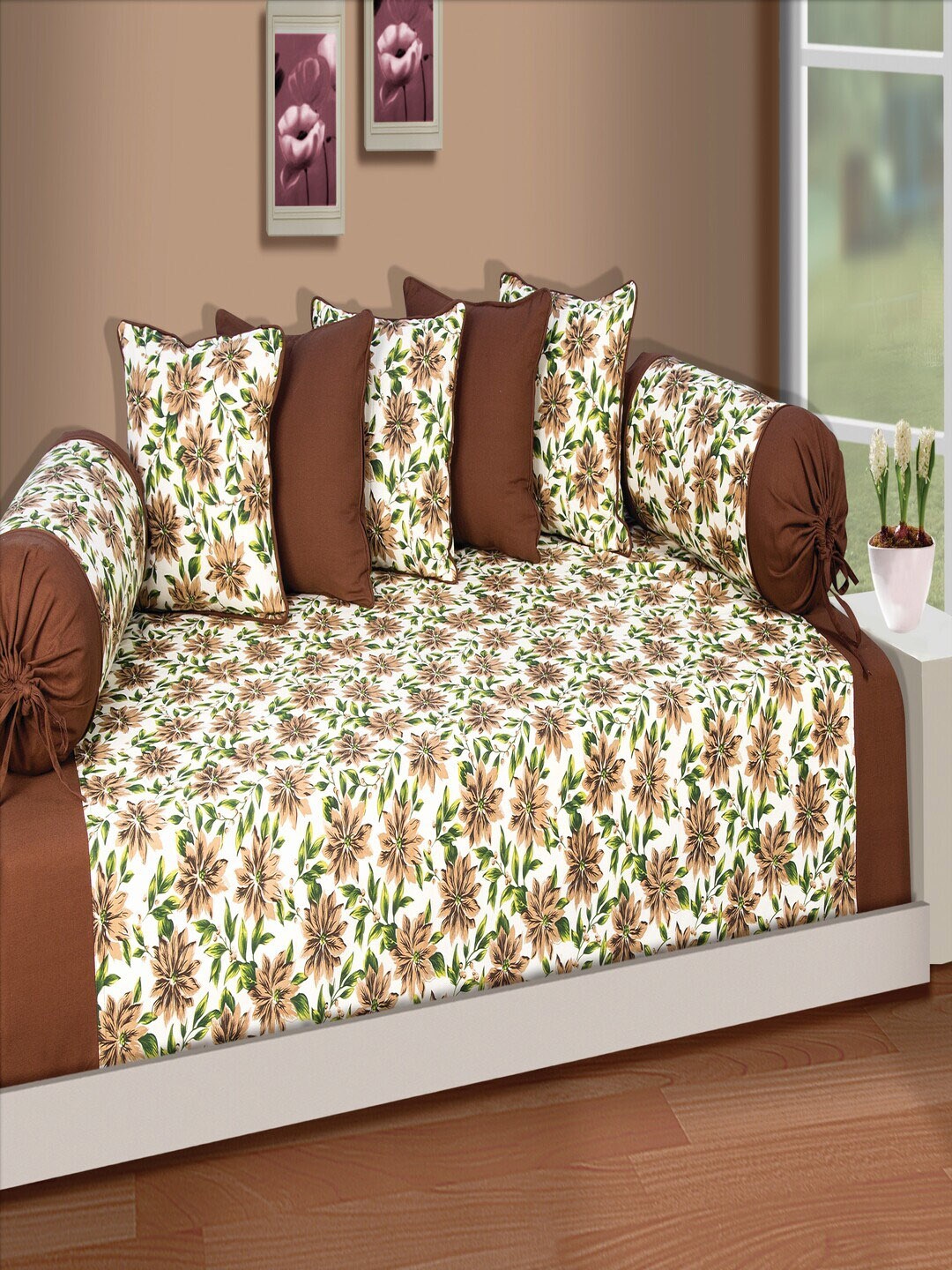 

SHADES of LIFE Brown & White 8pcs Floral Printed Cotton Diwan Set