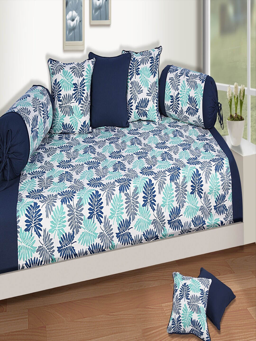 

SHADES of LIFE Blue & White 8Pcs Floral Printed Cotton Diwan Set