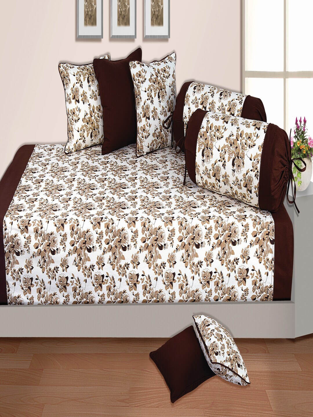 

SHADES of LIFE Brown & White 8 Pcs Floral Printed Cotton Diwan Set