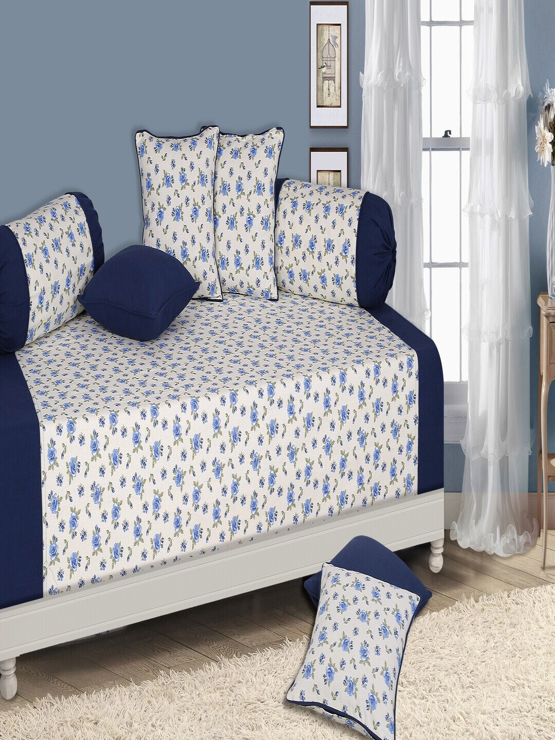 

SHADES of LIFE Set Of 6 Blue Floral Printed Cotton Diwan Set