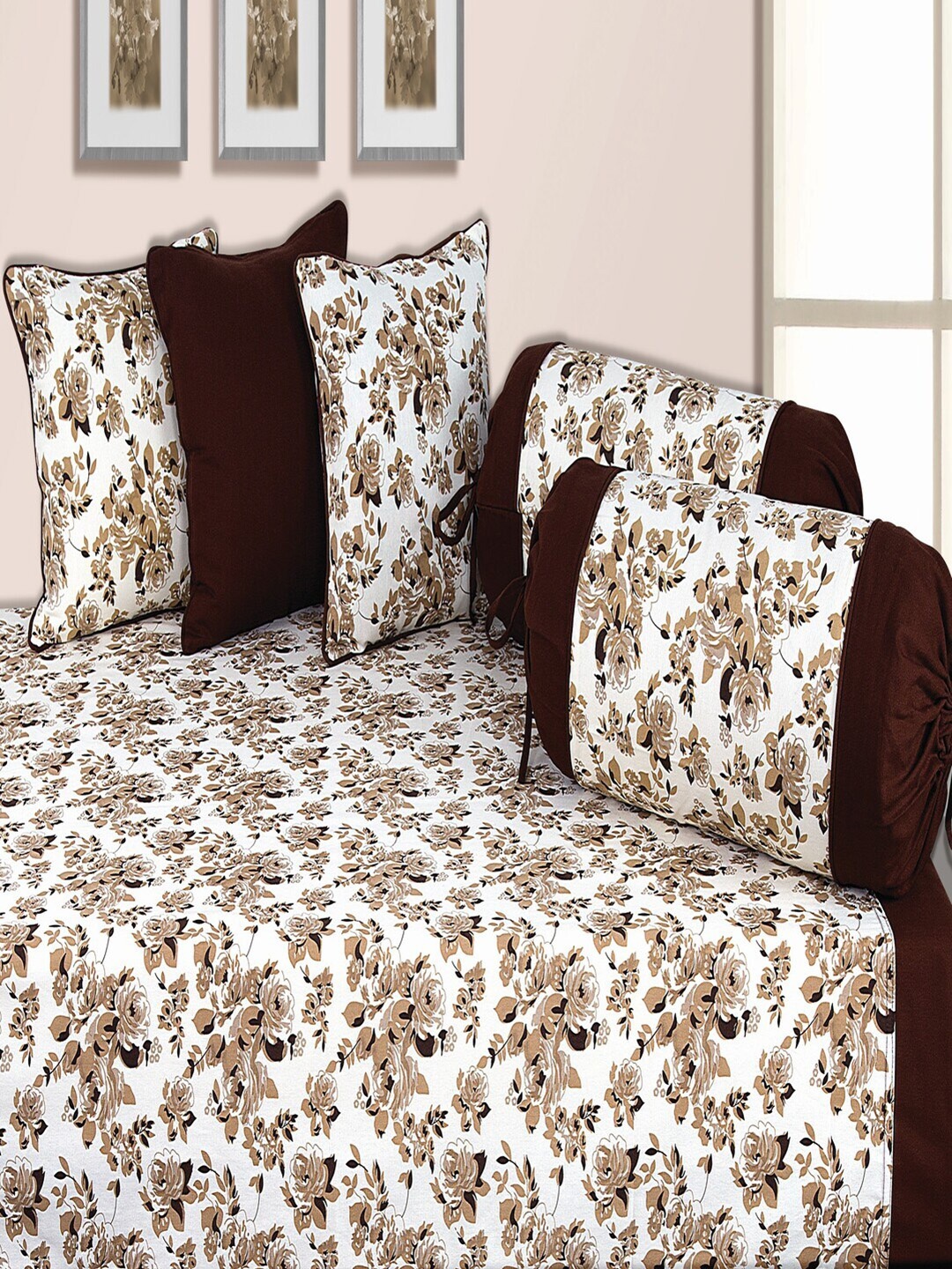 

SHADES of LIFE Set Of 8 Brown & Beige Printed Cotton Diwan Set