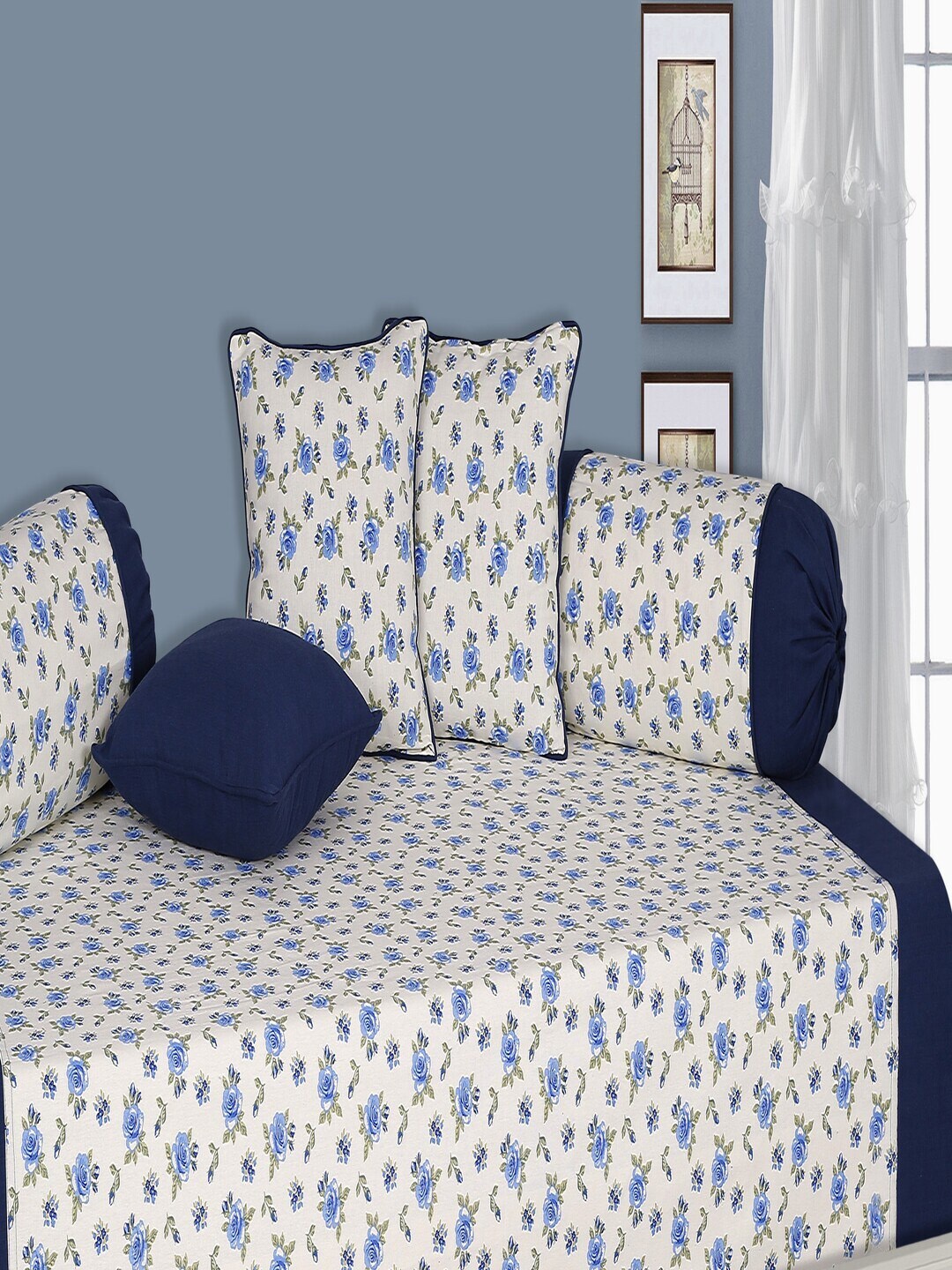

SHADES of LIFE Set Of 8 Blue Floral Printed Cotton Diwan Set