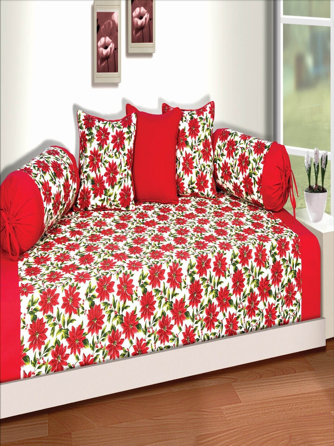 

SHADES of LIFE Red 5 Pieces Floral Printed Cotton Diwan Set