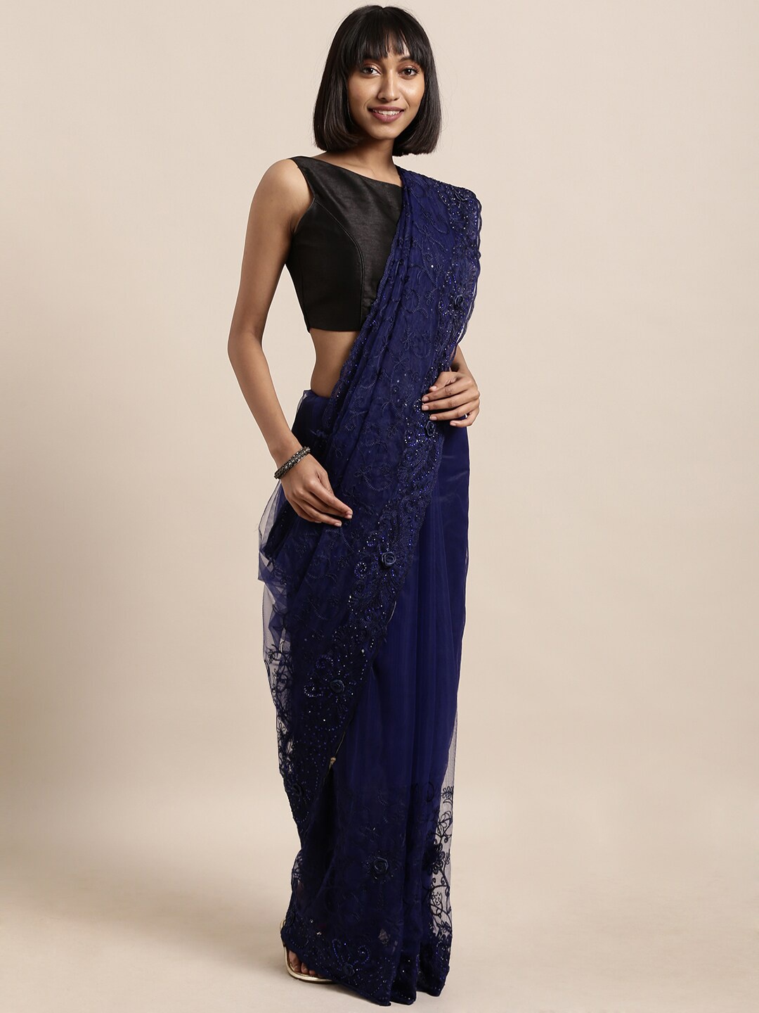 

HERE&NOW Floral Embroidered Net Saree, Navy blue