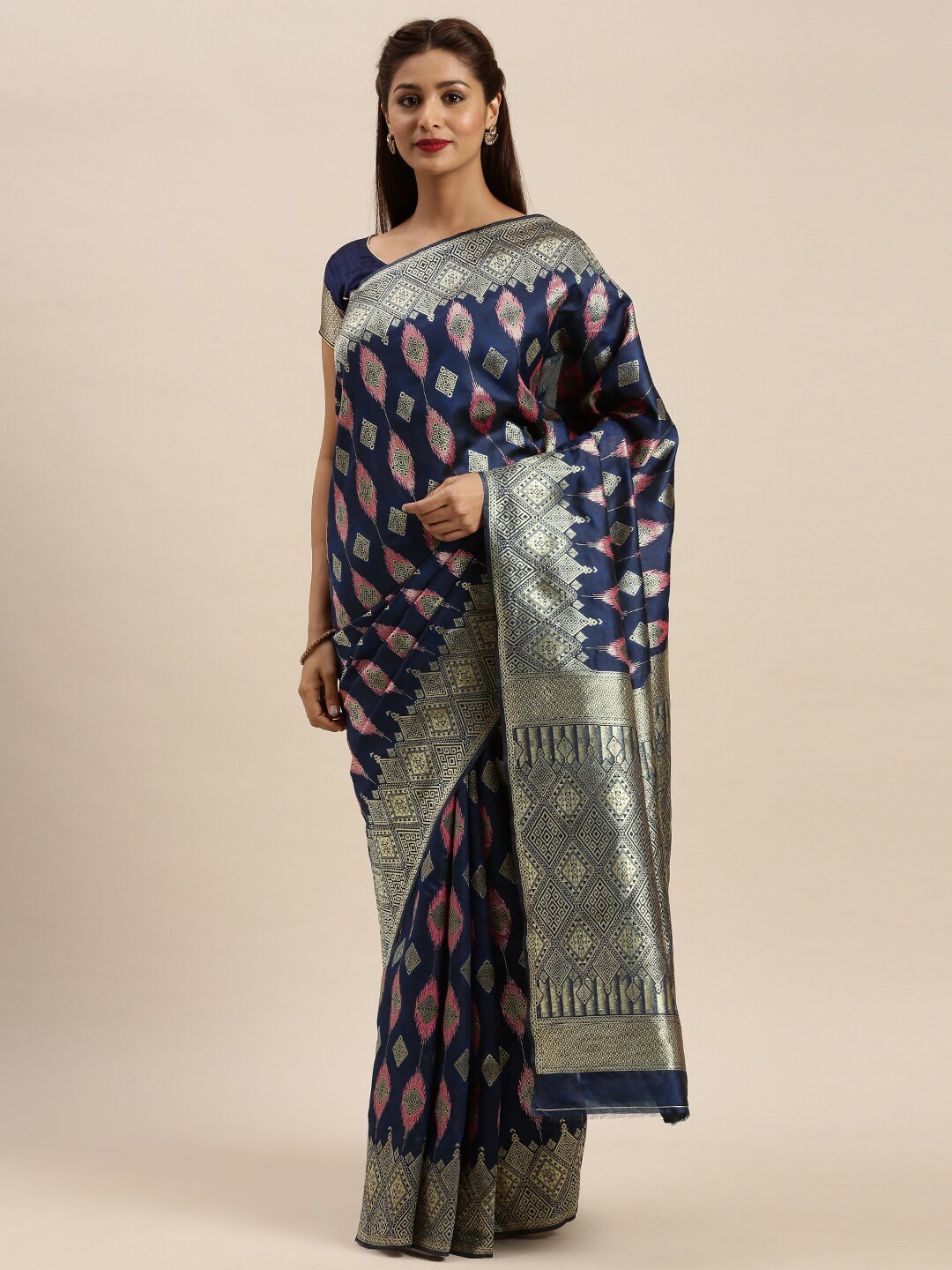 

HERE&NOW Ethnic Motifs Zari Silk Blend Banarasi Saree, Navy blue