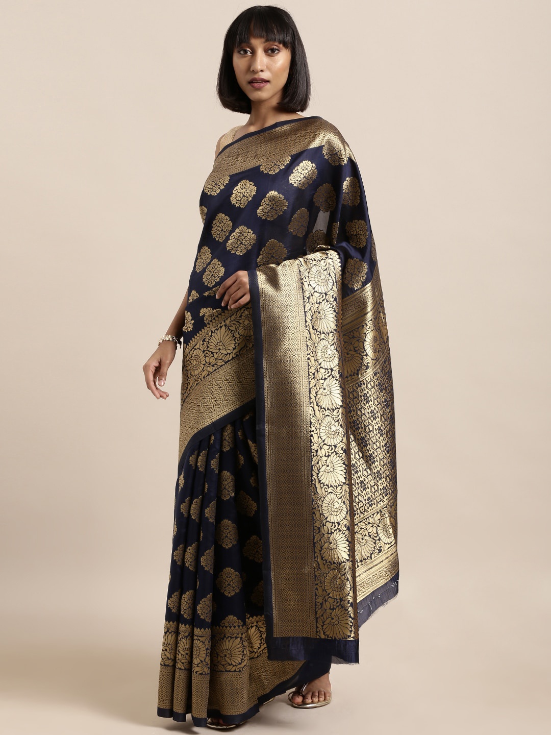 

HERE&NOW Woven Design Silk Blend Banarasi Saree, Navy blue