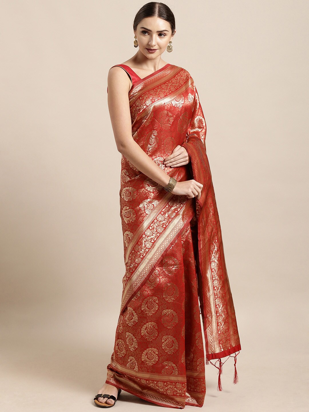 

HERE&NOW Ethnic Motifs Zari Silk Blend Banarasi Saree, Red