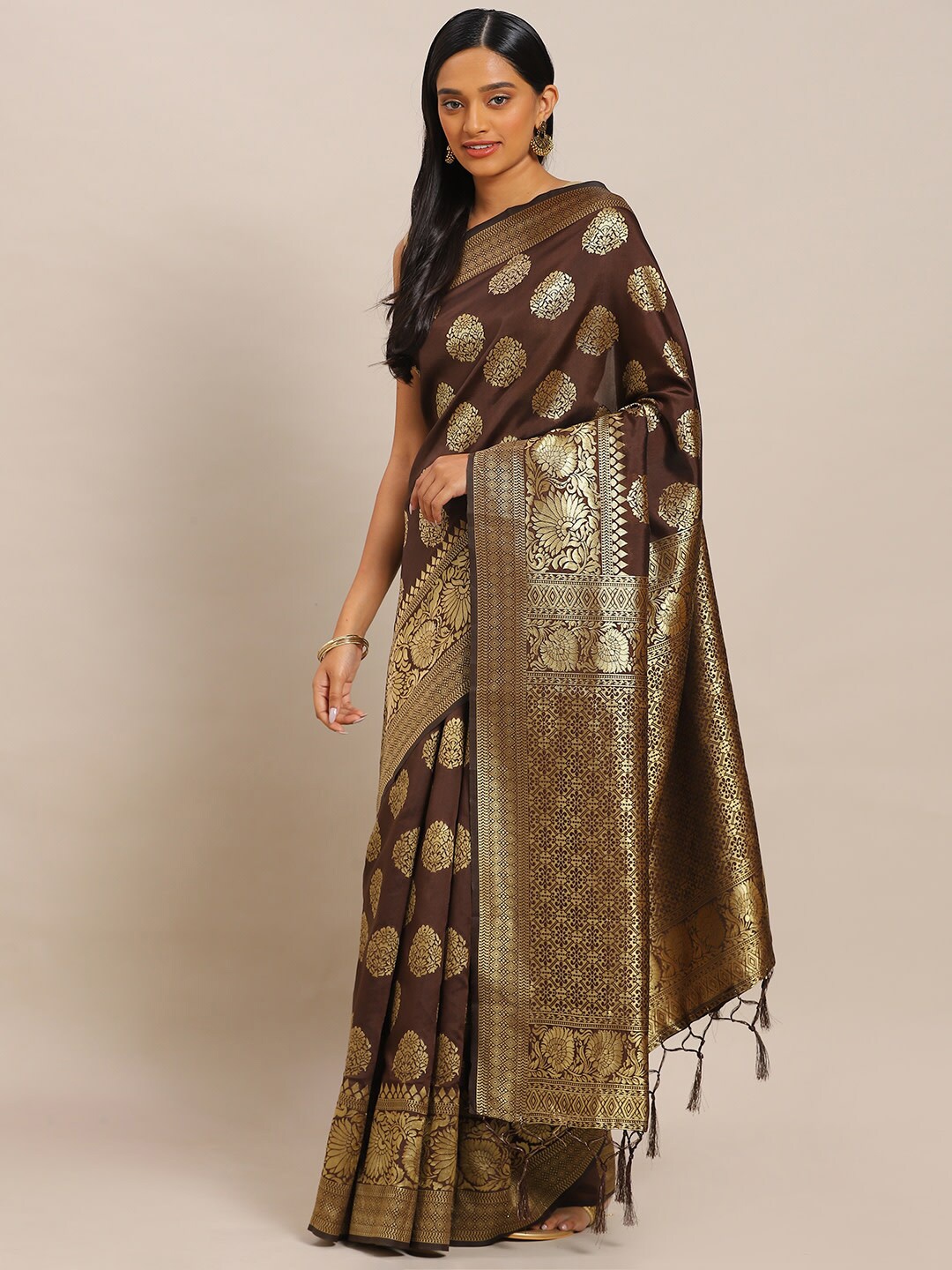 

HERE&NOW Ethnic Motifs Zari Silk Blend Banarasi Saree, Brown