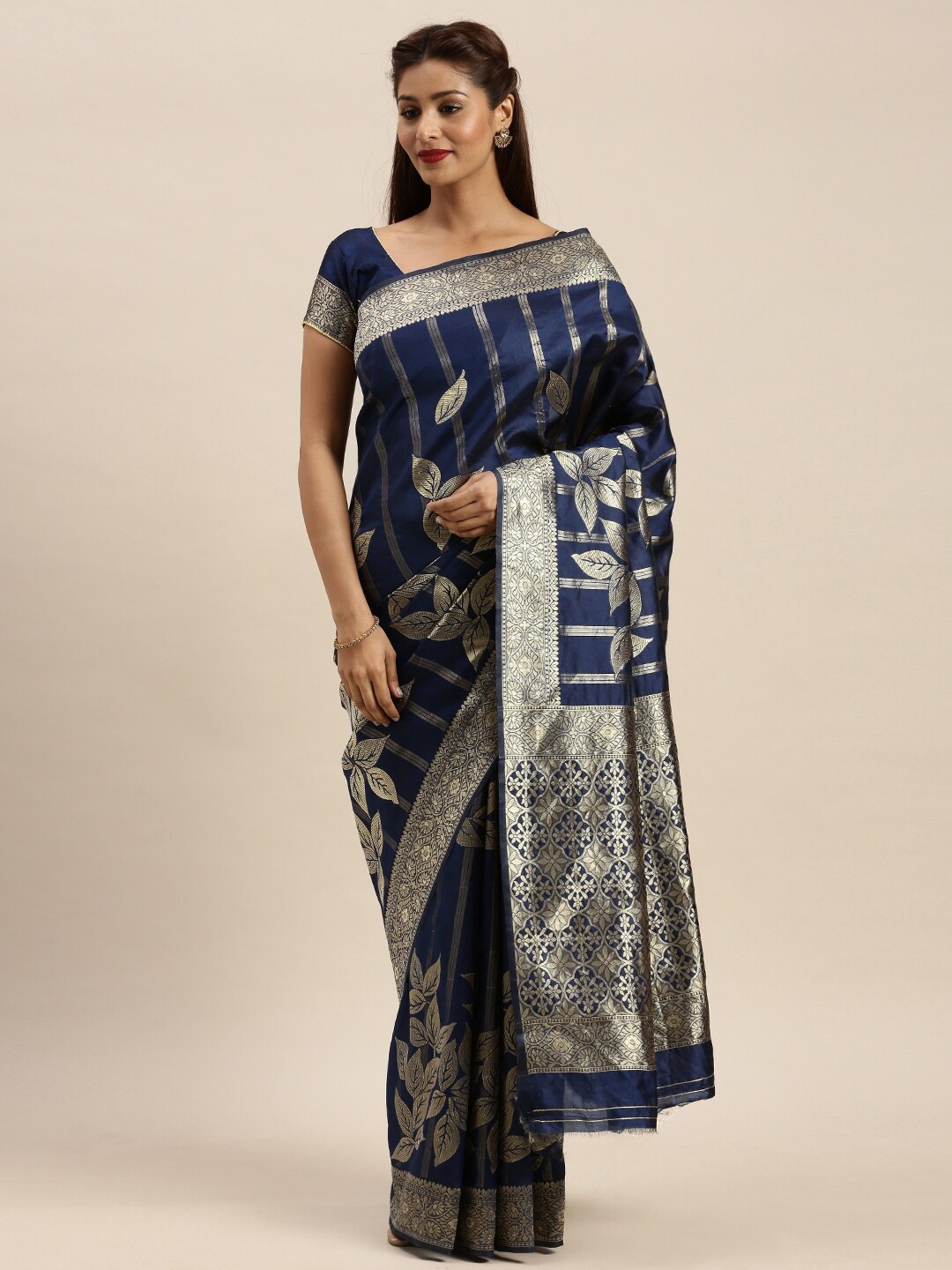 

HERE&NOW Woven Design Zari Silk Blend Banarasi Saree, Navy blue