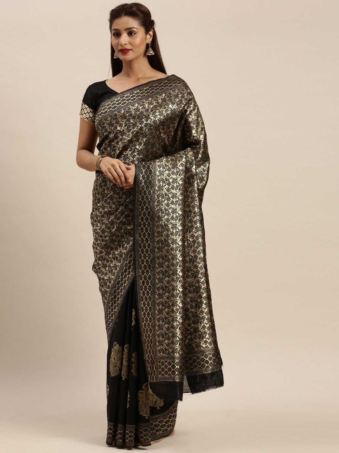 

HERE&NOW Woven Design Zari Silk Blend Banarasi Saree, Black