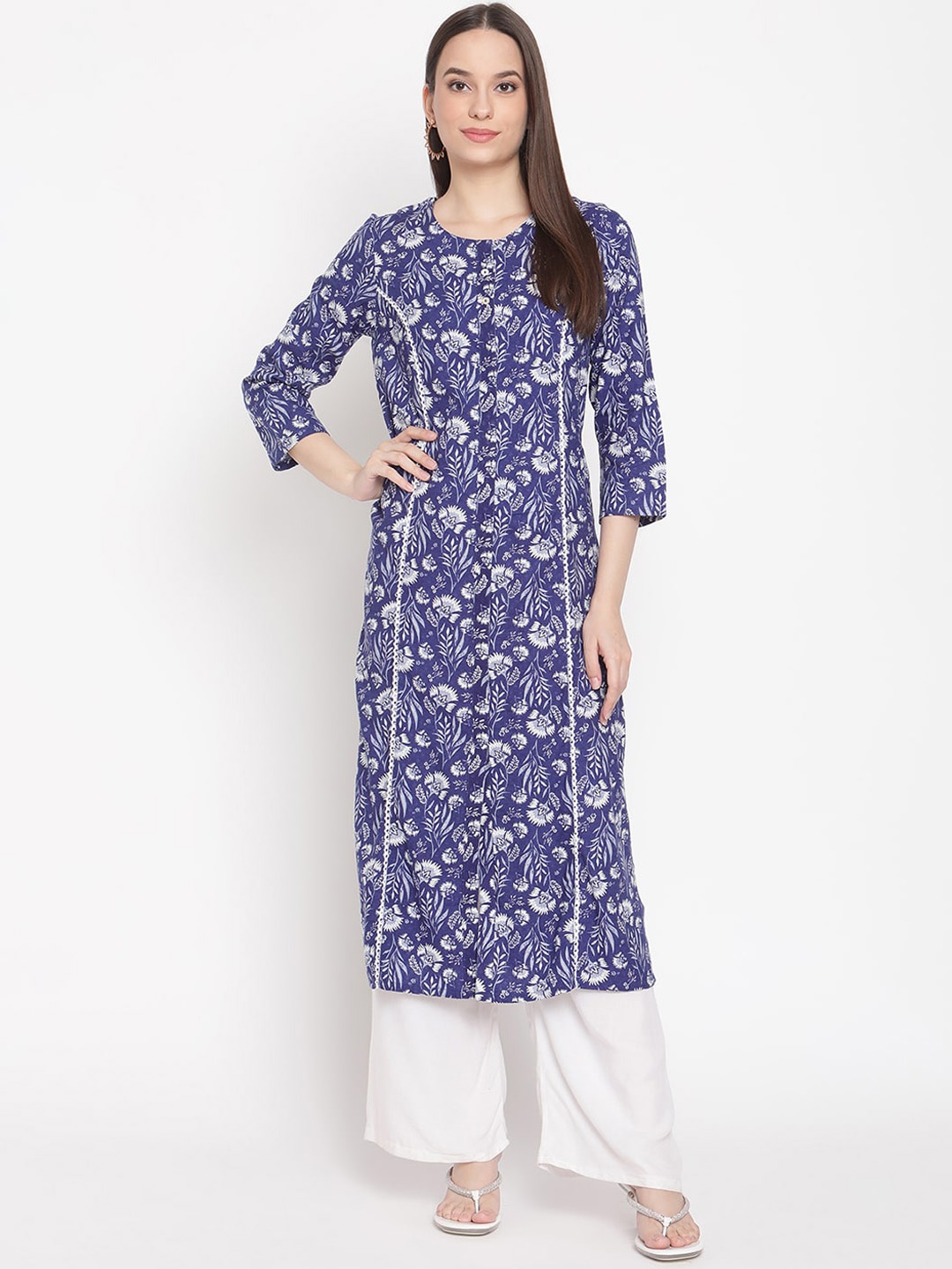 

Be Indi Women Round Neck Floral Straight Side Slits Regular Kurta, Navy blue