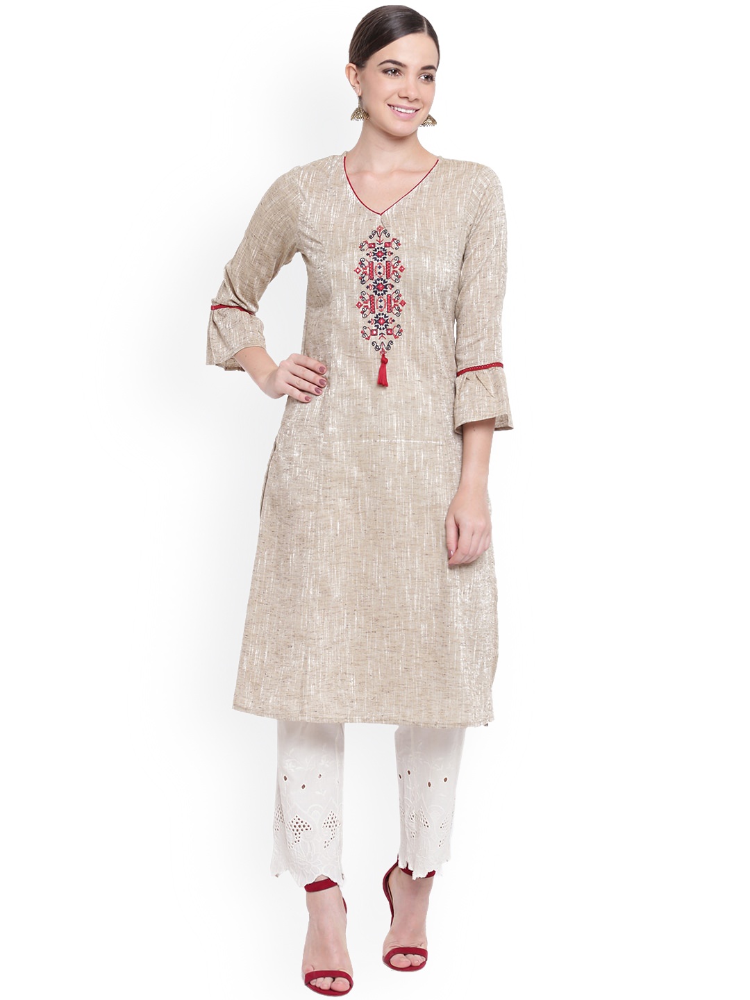 

Be Indi Women Cotton Geometric Embroidered Yoke Design Thread Work Kurta, Brown