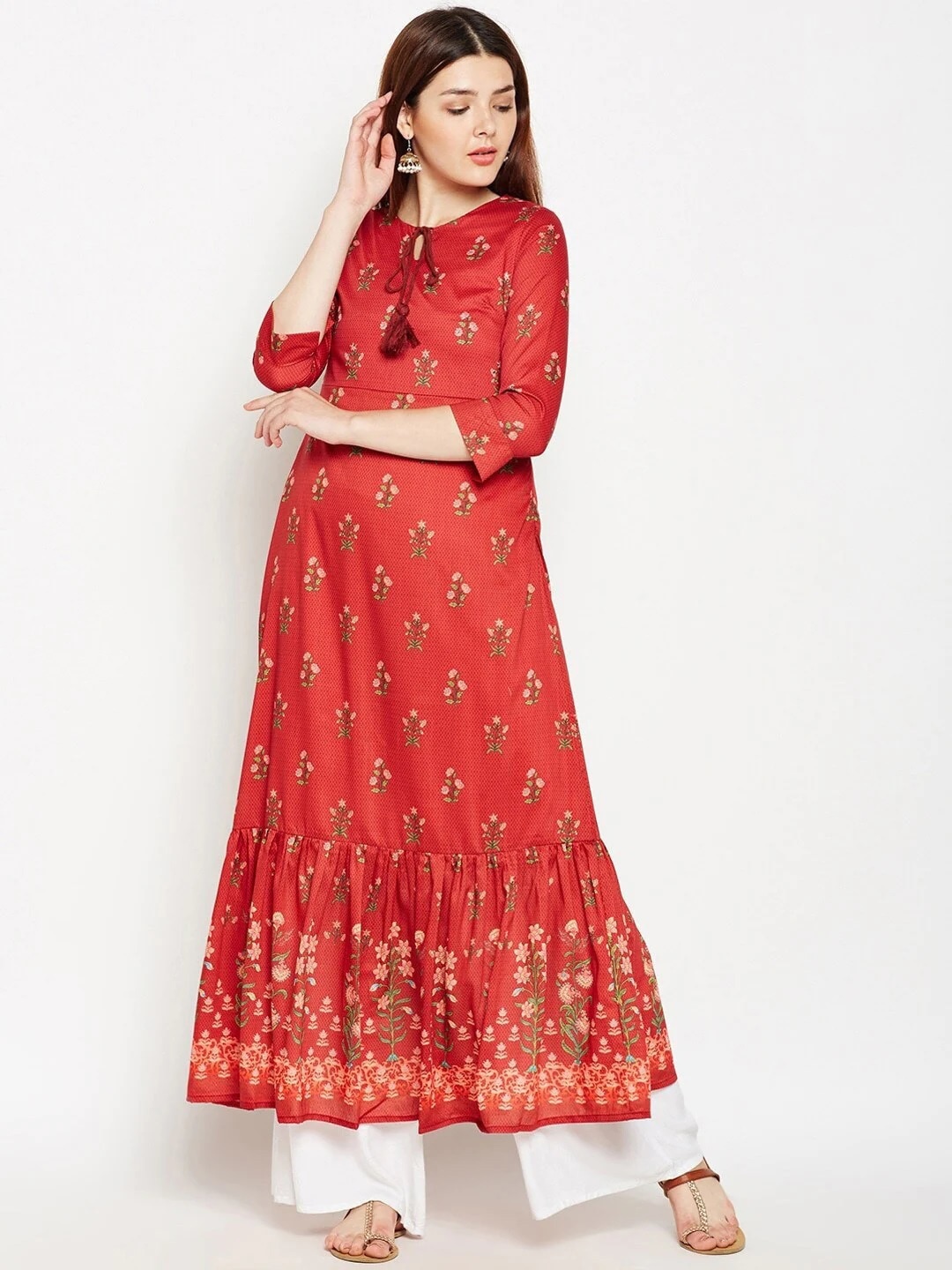 

Be Indi Women Floral Printed Cotton Anarkali Kurta, Red