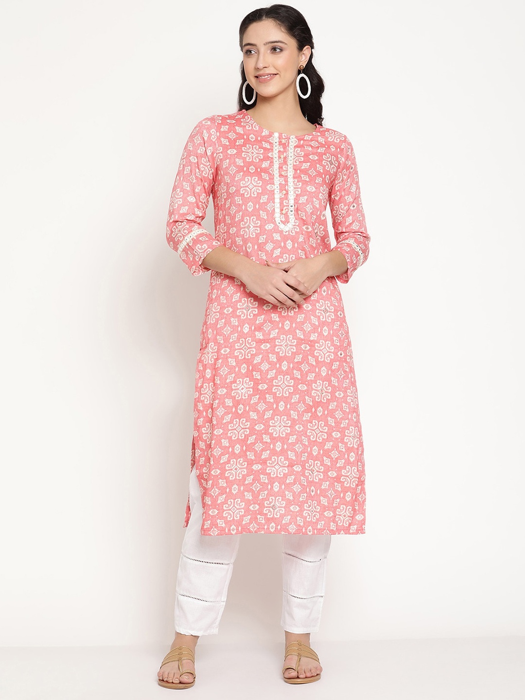 

Be Indi Women Round Neck Ethnic Motifs Straight Side Slits Regular Kurta, Coral