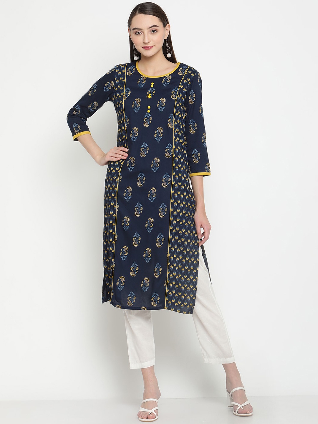 

Be Indi Floral Printed Panelled Kurta, Navy blue