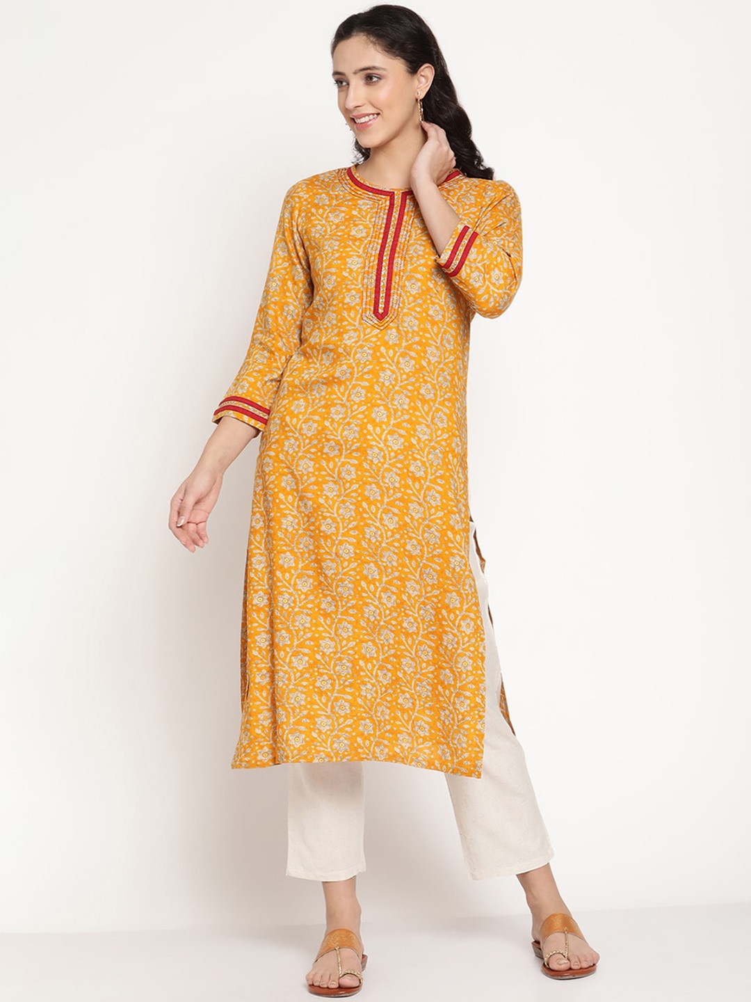 

Be Indi Women Round Neck Floral Straight Side Slits Regular Kurta, Mustard