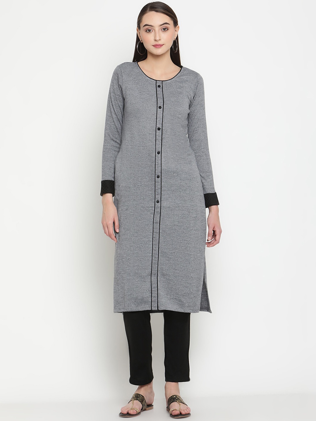

Be Indi Women Round Neck Solid Straight Acrylic Side Slits Regular Kurta, Grey