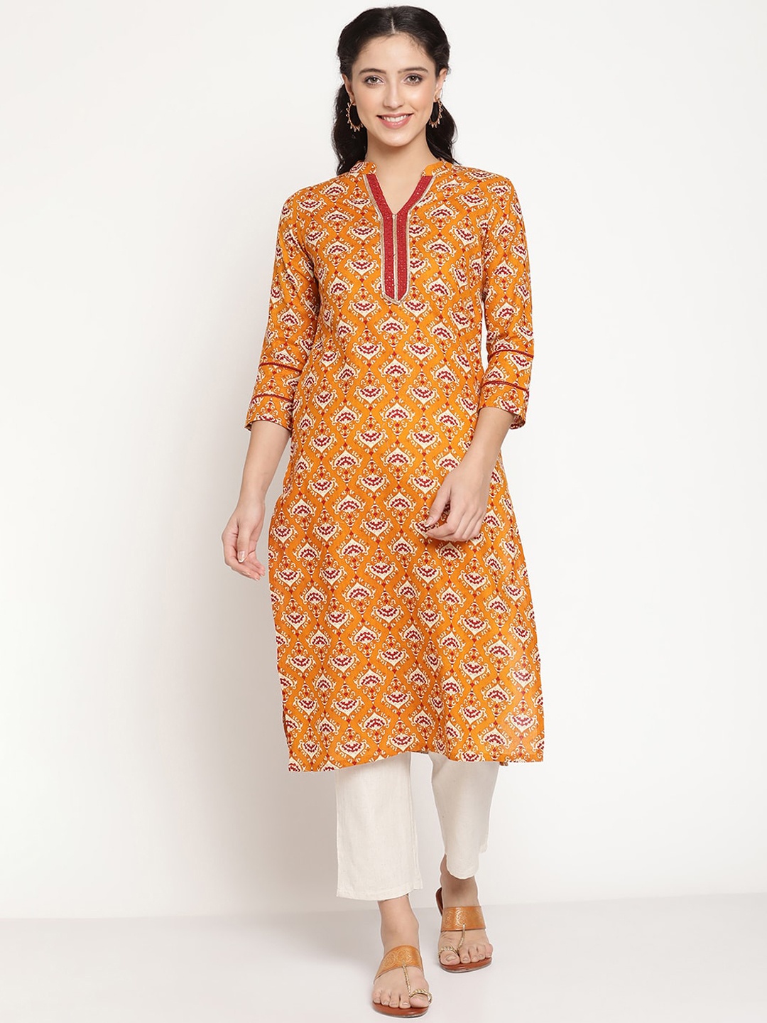 

Be Indi Women Mandarin Collar Ethnic Motifs Straight Side Slits Regular Kurta, Mustard