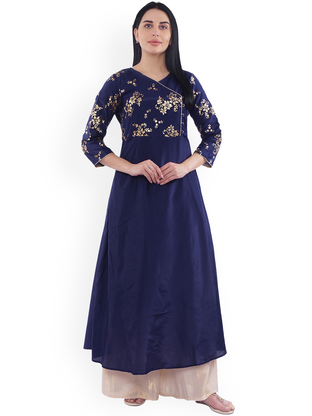 

Be Indi Women Floral Printed Anarkali Silk Kurta, Navy blue