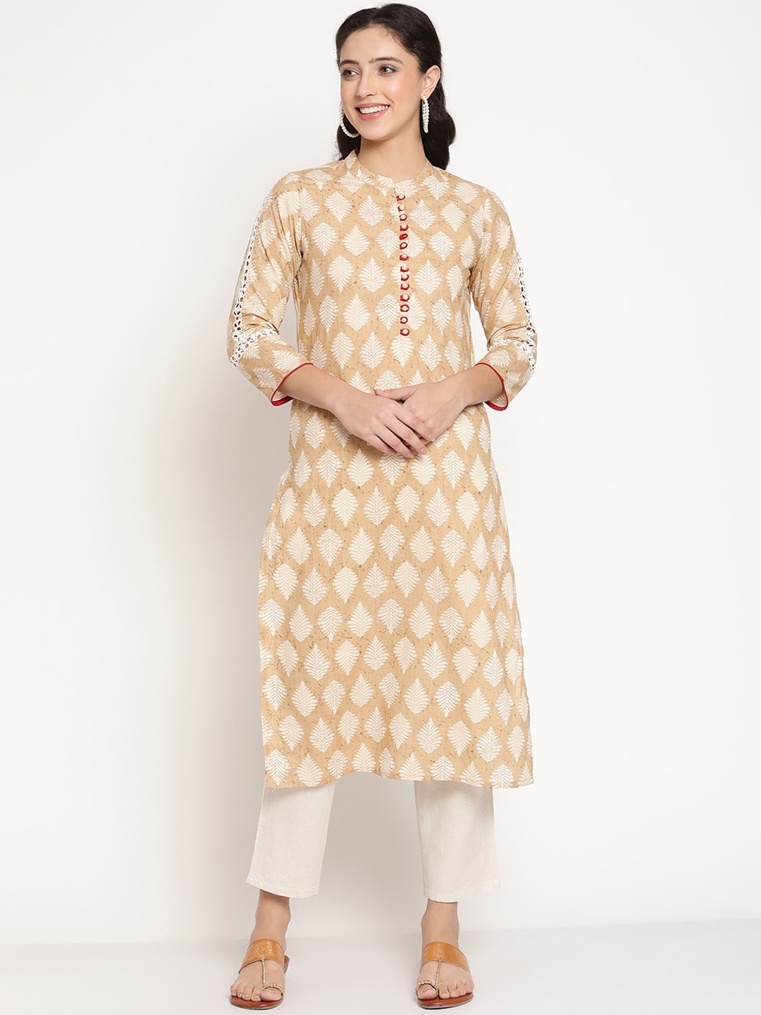 

Be Indi Women Mandarin Collar Ethnic Motifs Straight Side Slits Regular Kurta, Beige