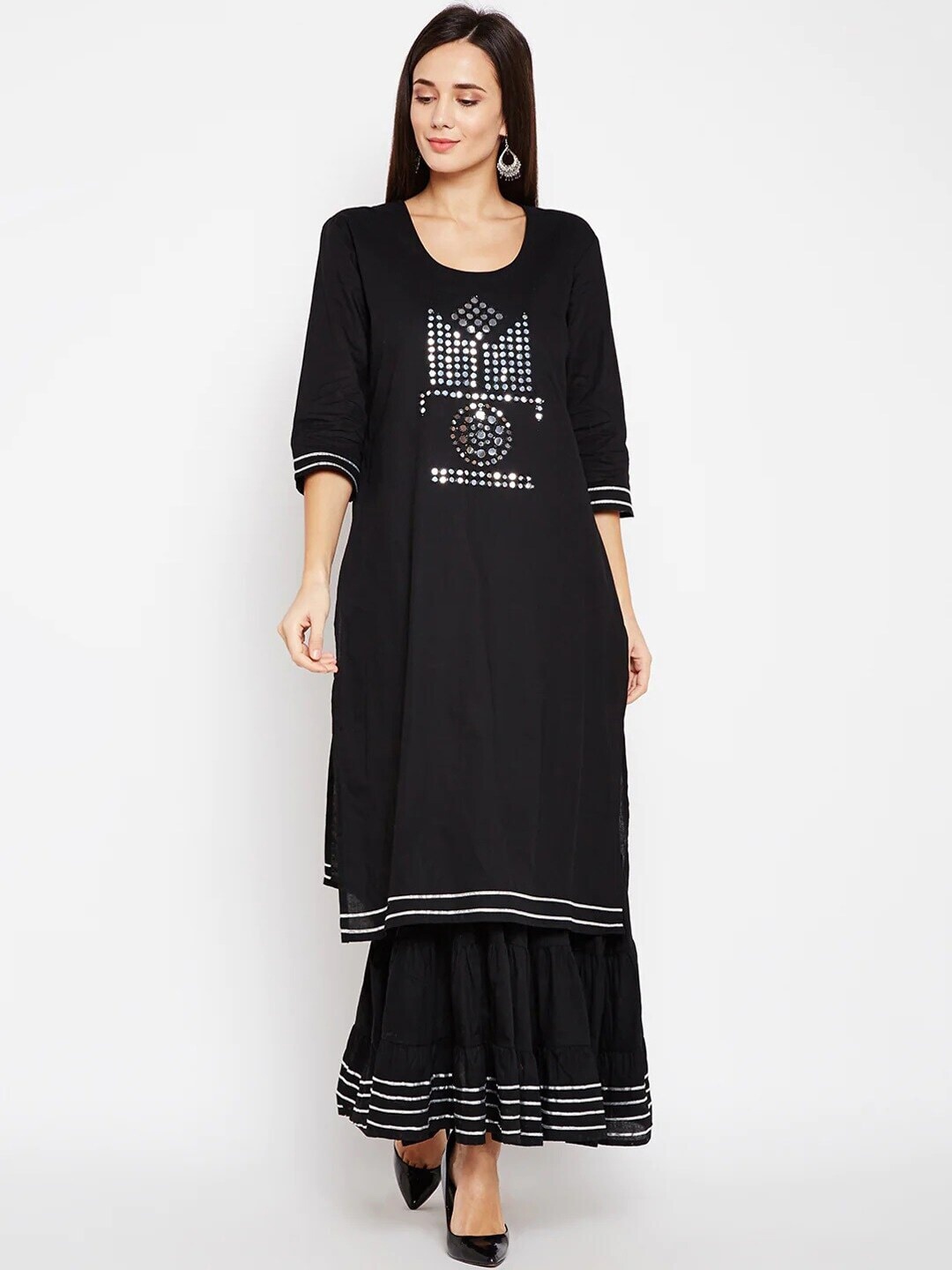 

Be Indi Women Embellished Mirror Work Cotton Kurta, Black