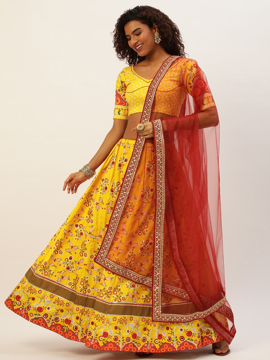 

LOOKNBOOK ART Vaishali silk With Printed & Real Mirror With Gota patti Work Lehenga choli, Yellow