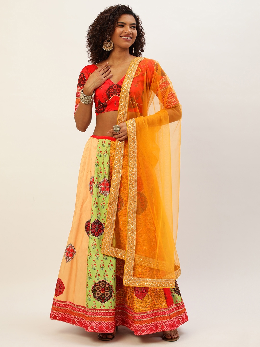 

LOOKNBOOK ART Multi Color Vaishali silk With Printed & Gota Patti Work Lehenga Choli
