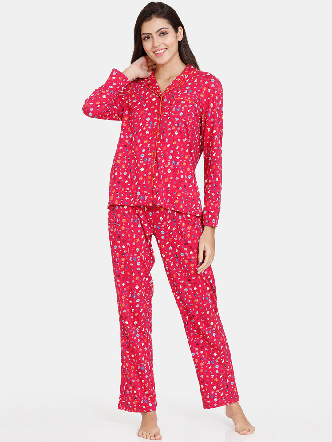 

Zivame Women Pink & Blue Printed Night suit