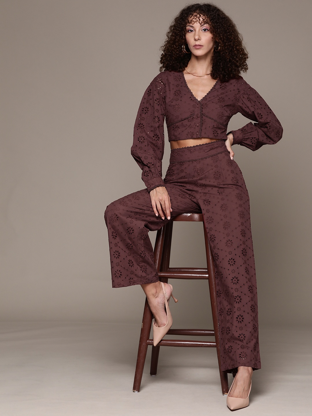

bebe Future Glam Pure Cotton Schiffli Embroidered Co-Ord, Coffee brown
