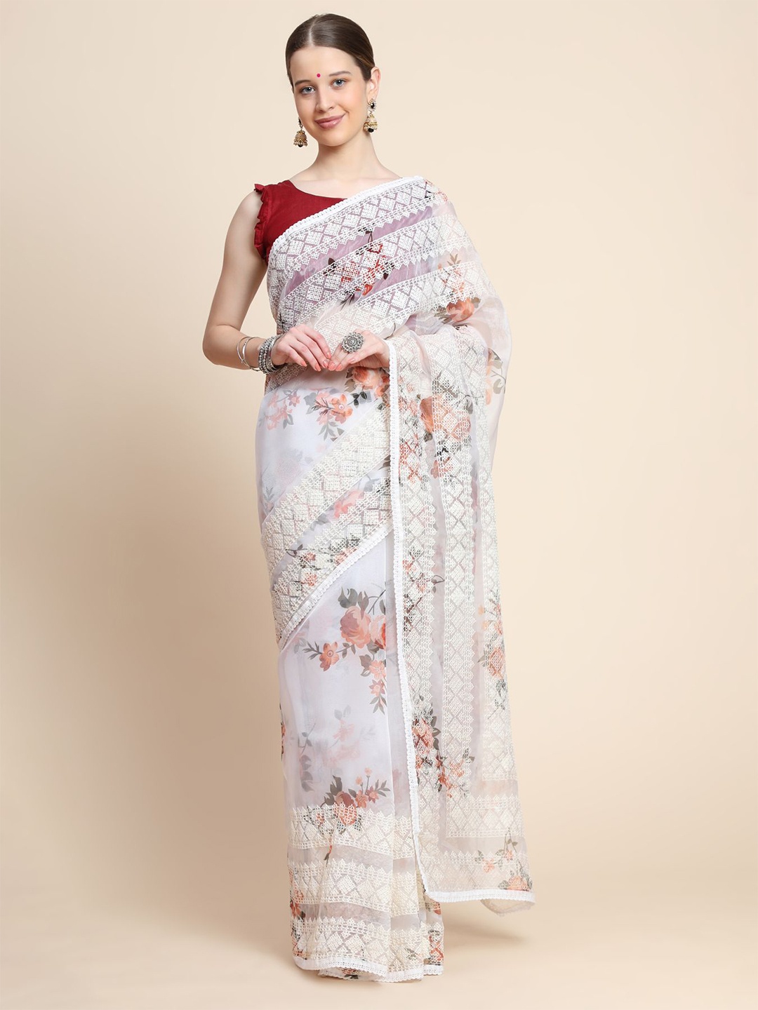 

Vastrasky Global Floral Organza Saree, White