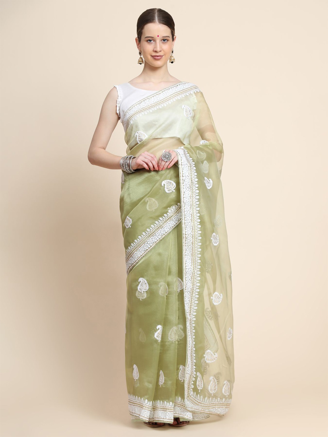 

Vastrasky Global Paisley Embroidered Organza Saree, Sea green