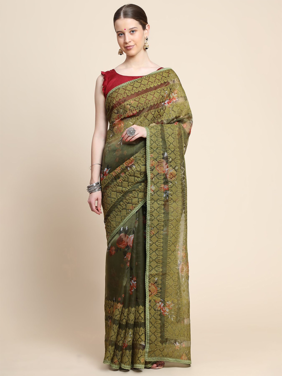 

Vastrasky Global Floral Printed Organza Saree, Green
