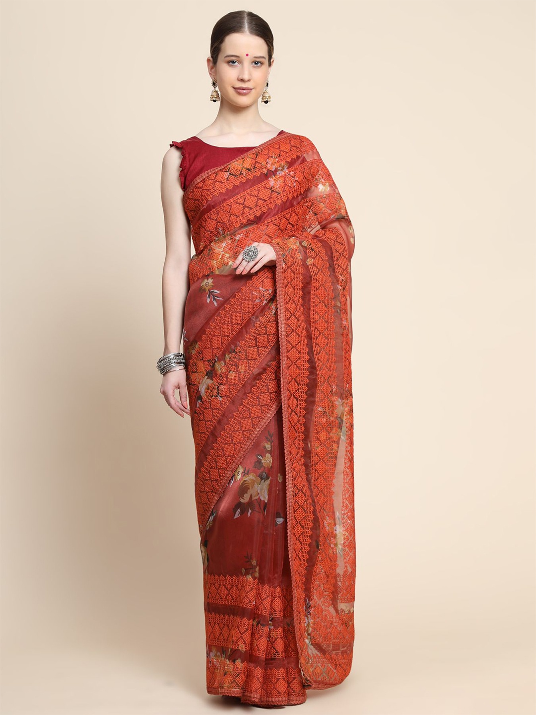 

Vastrasky Global Printed Woven Design Embroidered Organza Saree, Red