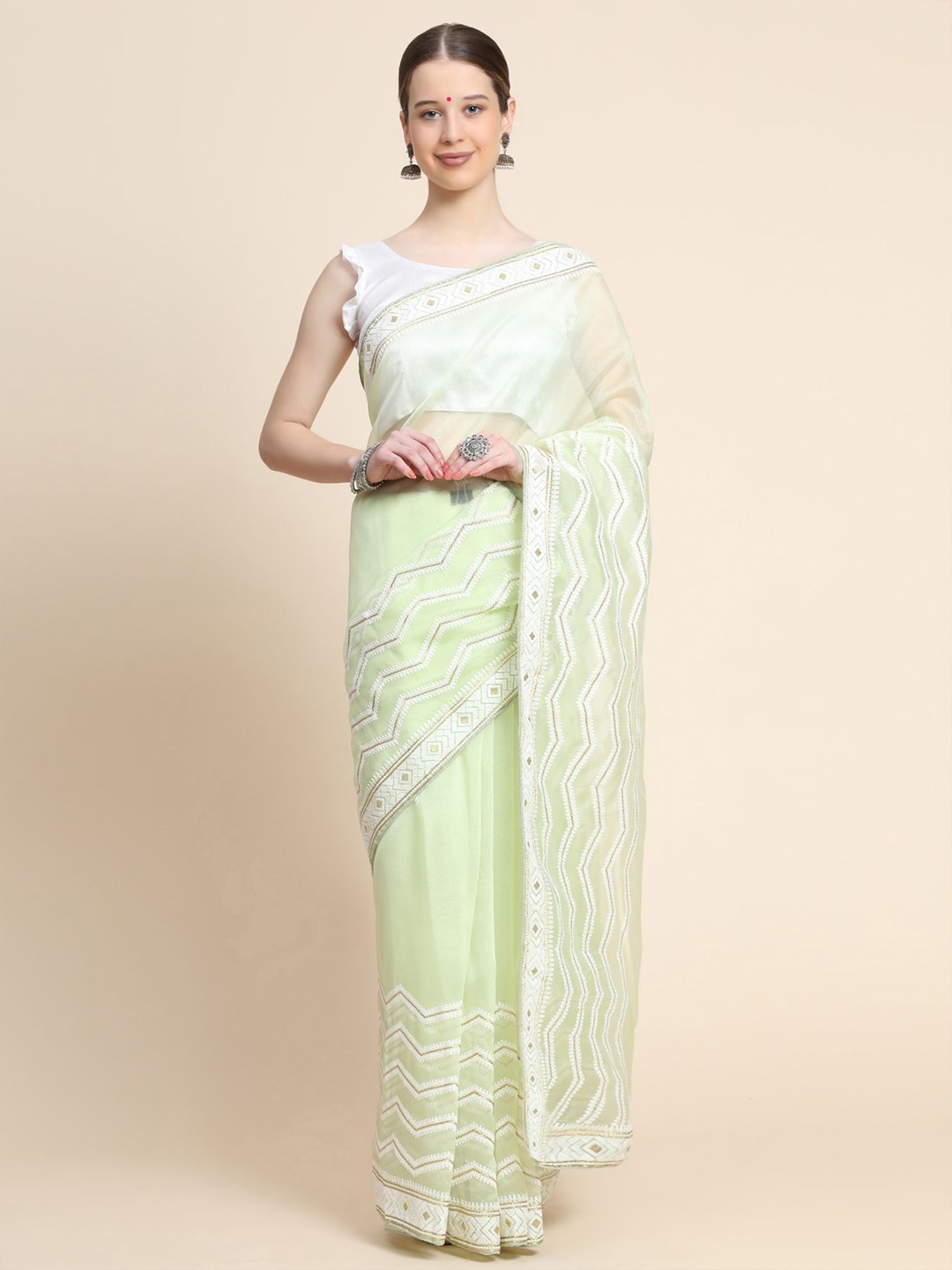 

Vastrasky Global Leheriya Embroidered Organza Leheriya Saree, Sea green