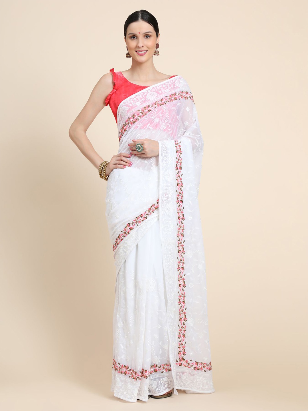 

Vastrasky Global Floral Embroidered Pure Georgette Saree, White