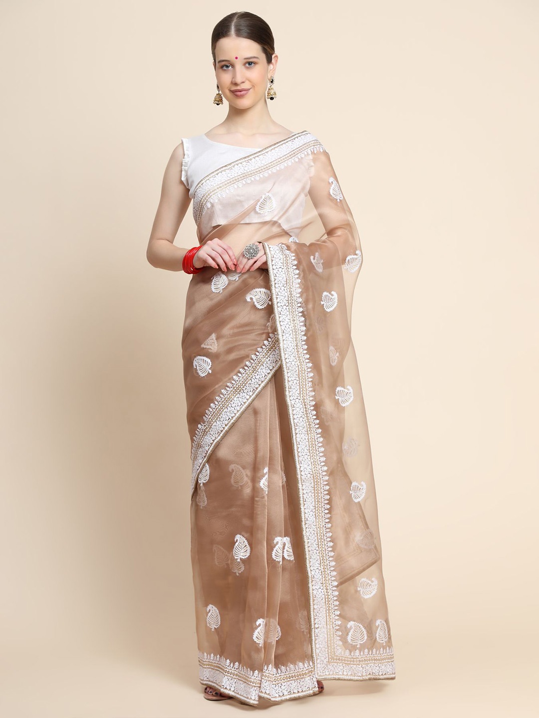 

Vastrasky Global Paisley Embroidered Organza Saree, Brown