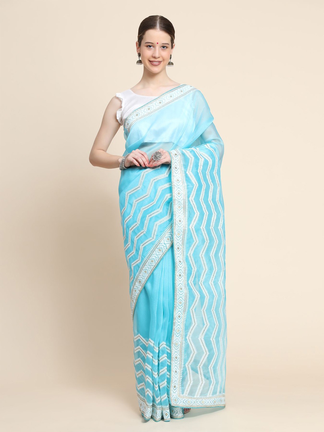 

Vastrasky Global Leheriya Embroidered Organza Leheriya Saree, Blue