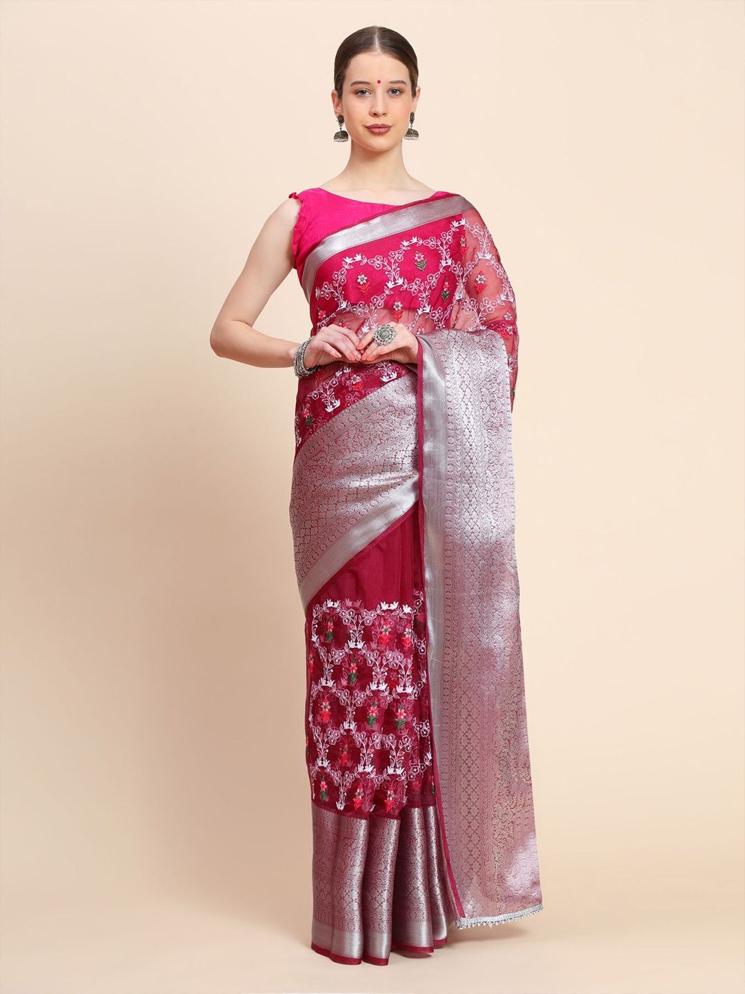 

Vastrasky Global Floral Zari Organza Heavy Work Saree, Pink