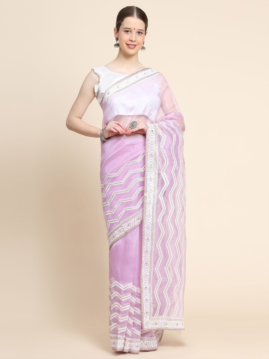 

Vastrasky Global Leheriya Embroidered Organza Leheriya Saree, Lavender
