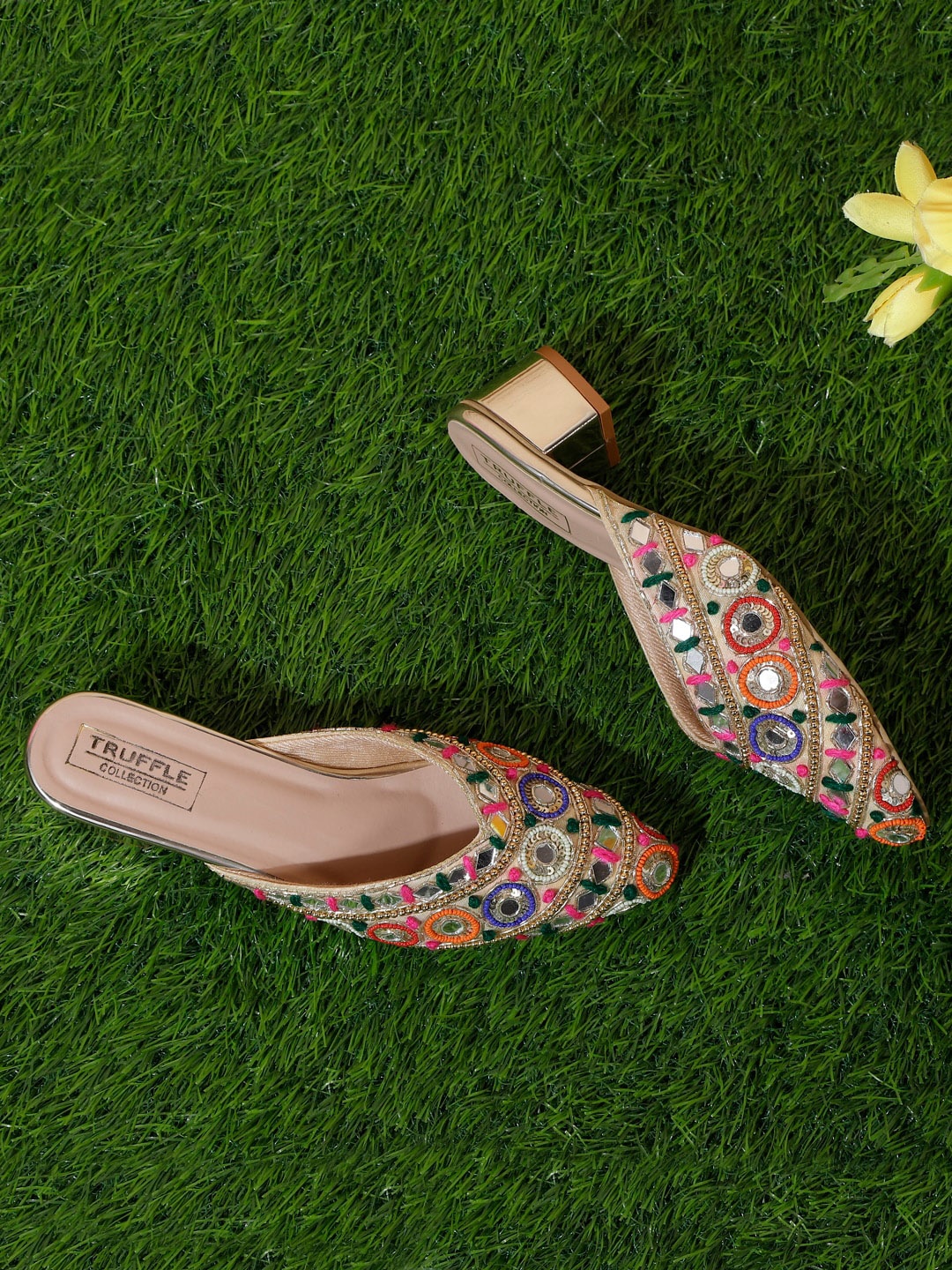 

Truffle Collection Printed Block Mules, Gold