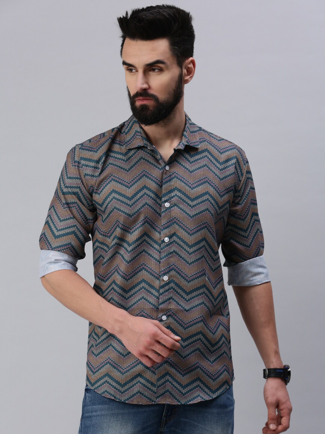 

Rodzen Men Standard Slim Fit Chevron Printed Casual Cotton Shirt, Teal