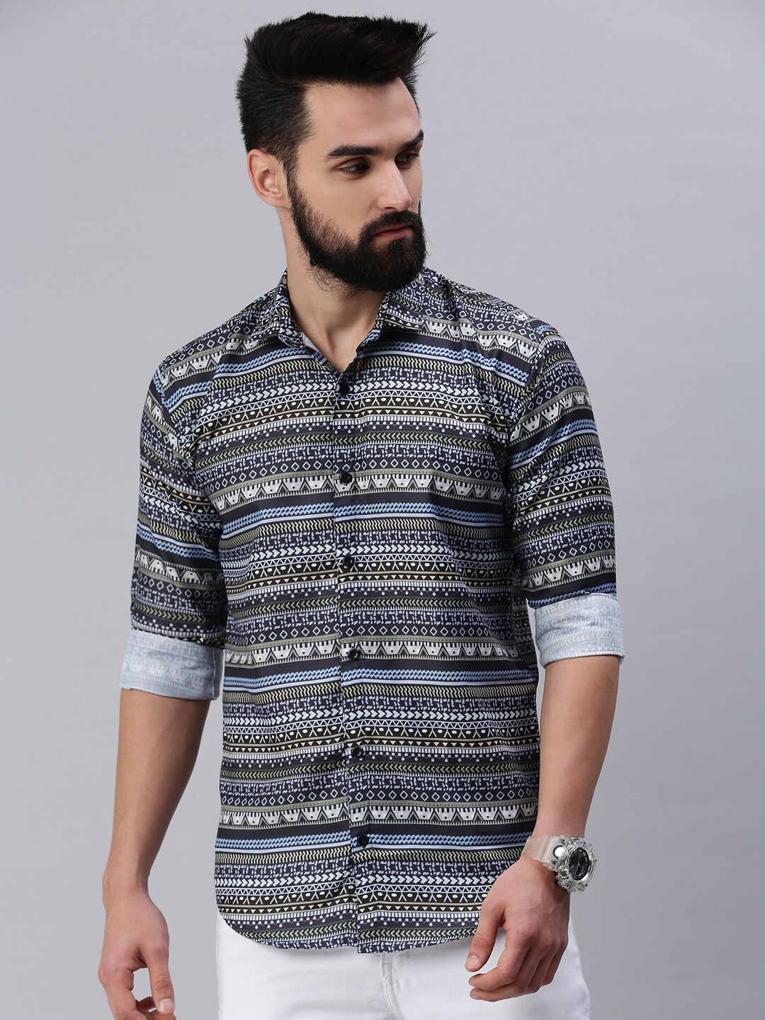 

Rodzen Men Standard Slim Fit Printed Casual Cotton Shirt, Blue