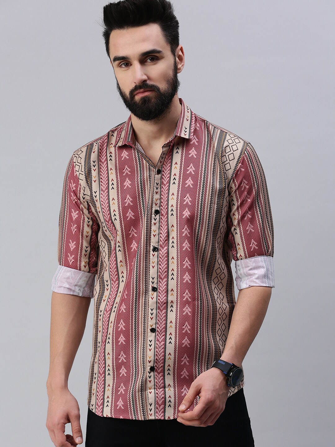 

Rodzen Men Standard Slim Fit Printed Casual Cotton Shirt, Maroon