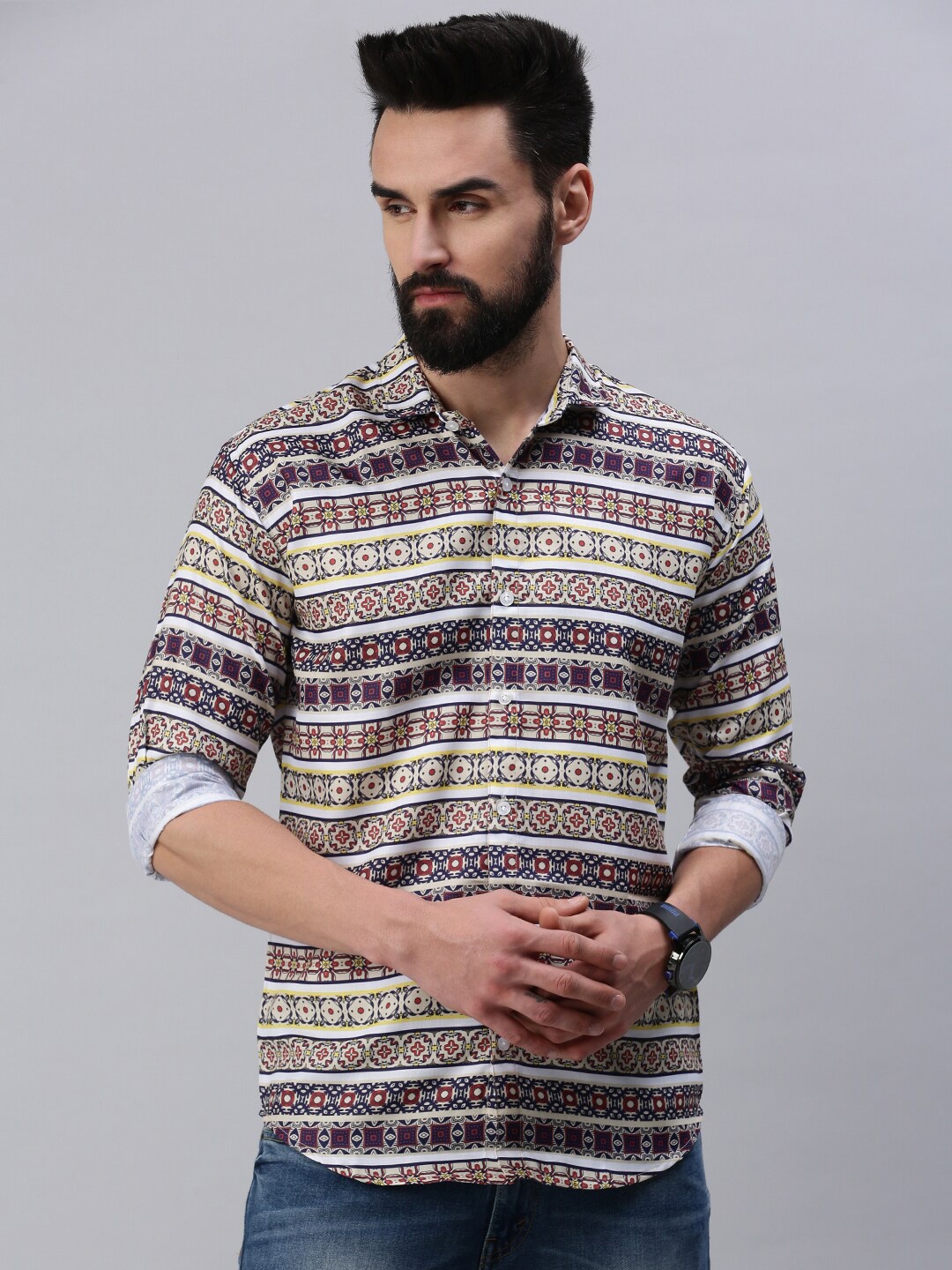 

Rodzen Men Standard Slim Fit Printed Casual Cotton Shirt, Maroon